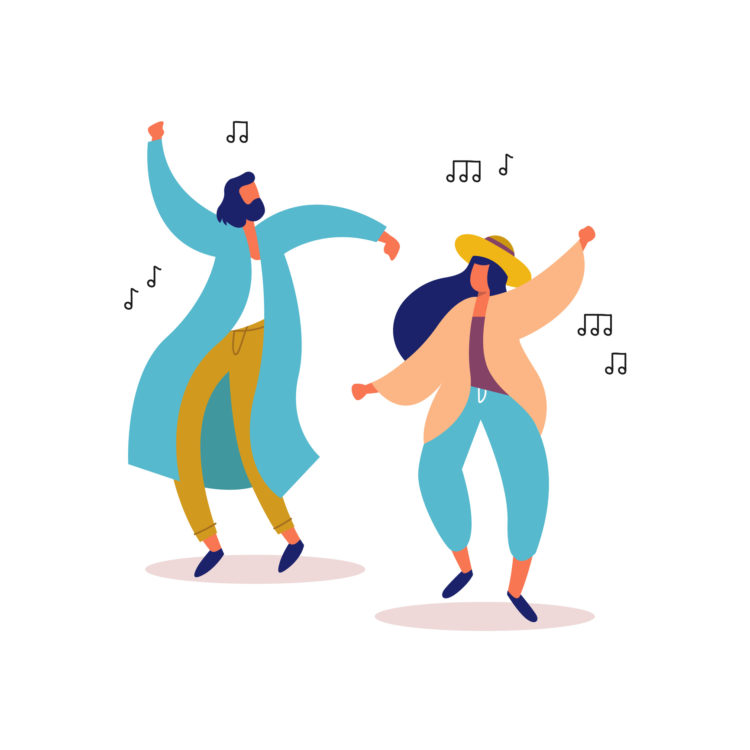Young man and woman friends dancing together to party music on isolated background. Stylish people at festival event, outdoor concert or club dance floor. EPS10 vector.