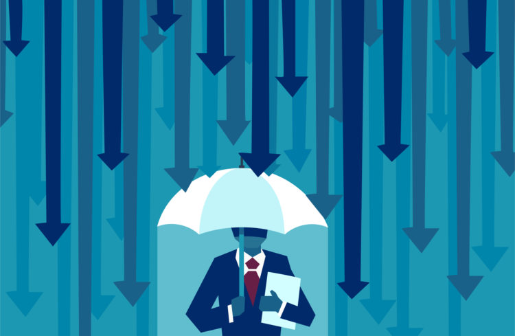 Risk averse. Vector of a businessman with umbrella resisting protecting himself from falling arrows as a symbol of unfavorable business environment