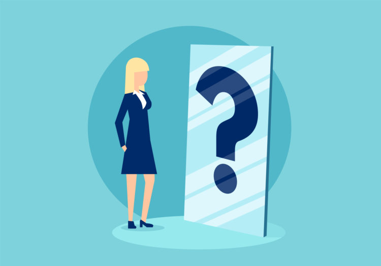 Cartoon businesswoman standing in front of mirror with question mark in confusion of personal character