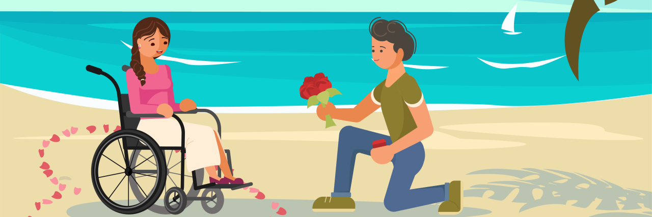 Man offering flowers to a woman in a wheelchair on the beach.
