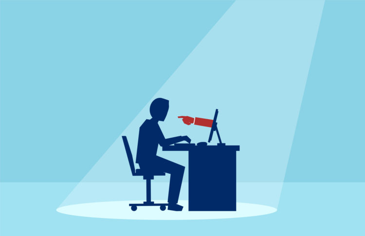 Vector of a business man working on computer with red hand finger pointing at him