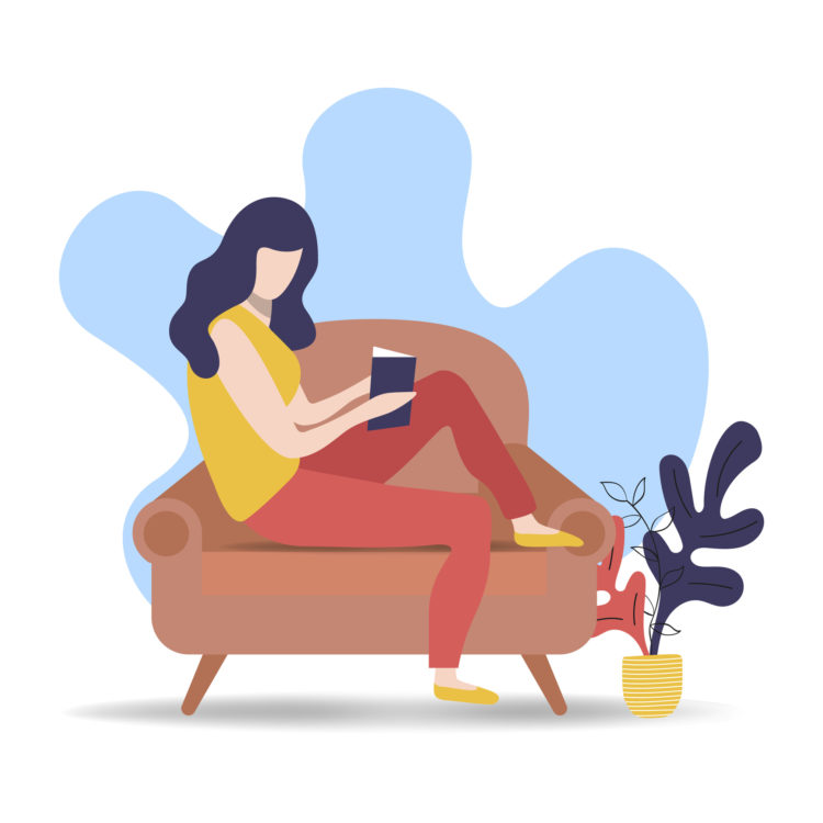 Woman reading book in sofa couch. Modern flat cartoon style concept for leisure activity or literature project.