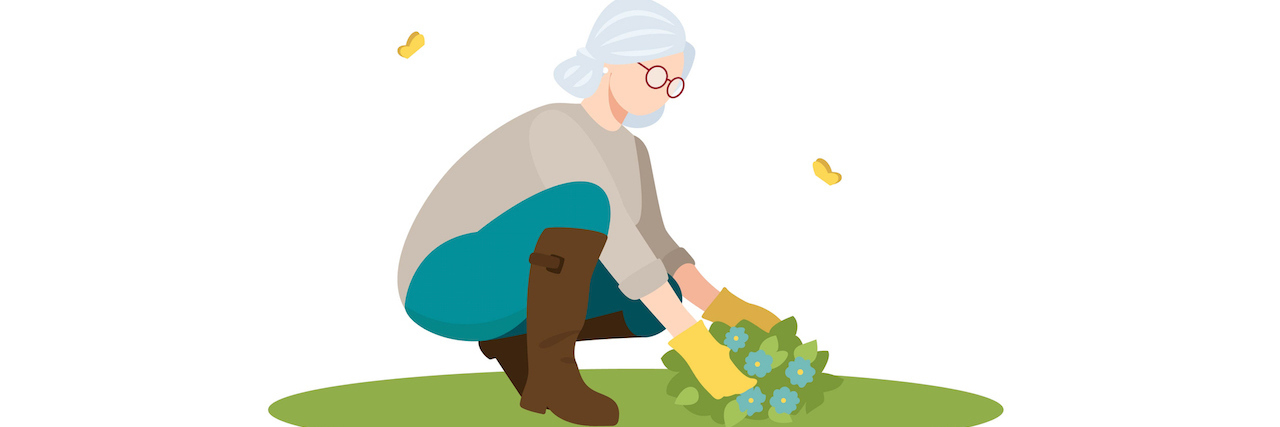 5 Things to Know When Caring for Someone With Creutzfeldt-Jakob Disease Illustration of an older woman with grey hair bending down to garden