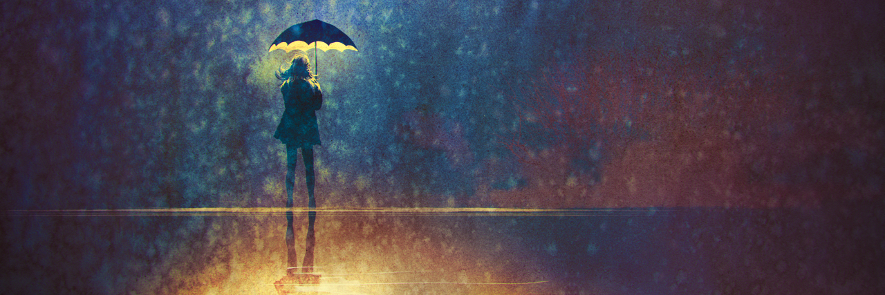 Grieving the Life You Could Have Had If You Weren't Sick Watercolor of a woman standing under an umbrella with yellow light shining behind her. Blue and purple sky in front of her
