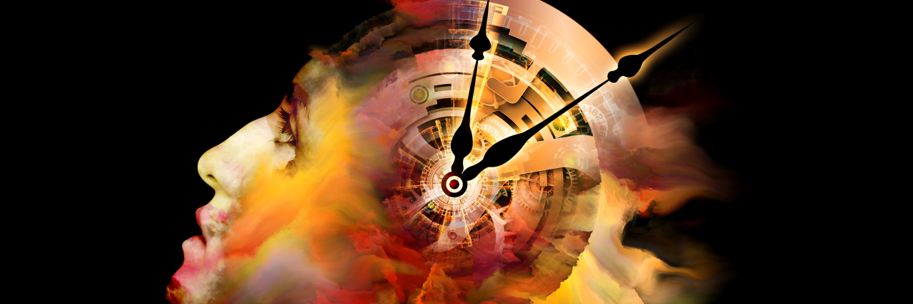 Female portrait combined with fractal paint and clock.