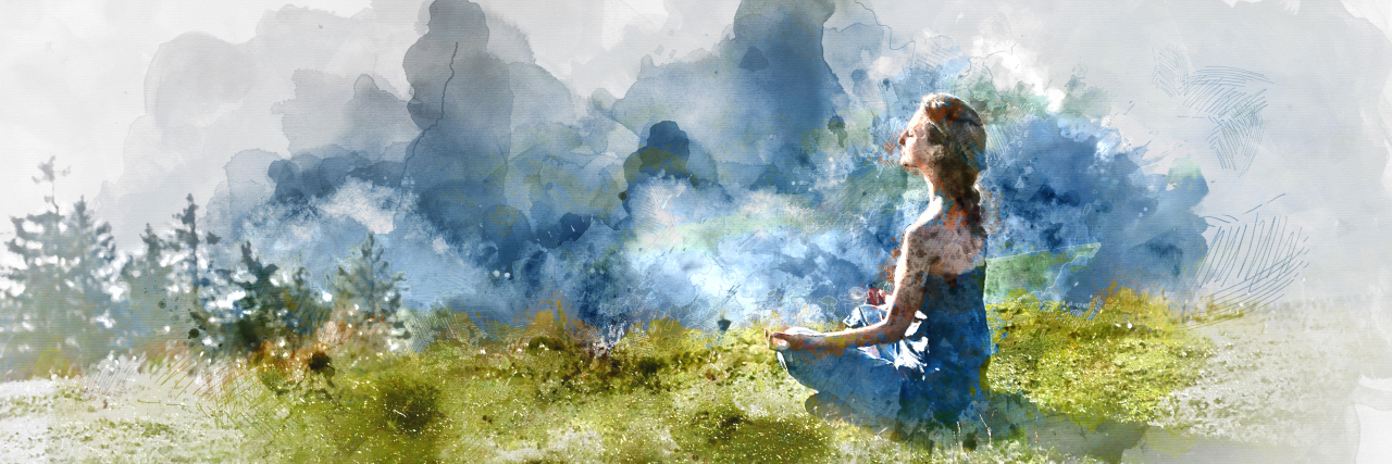 Painting of a young woman sitting in a green field meditating