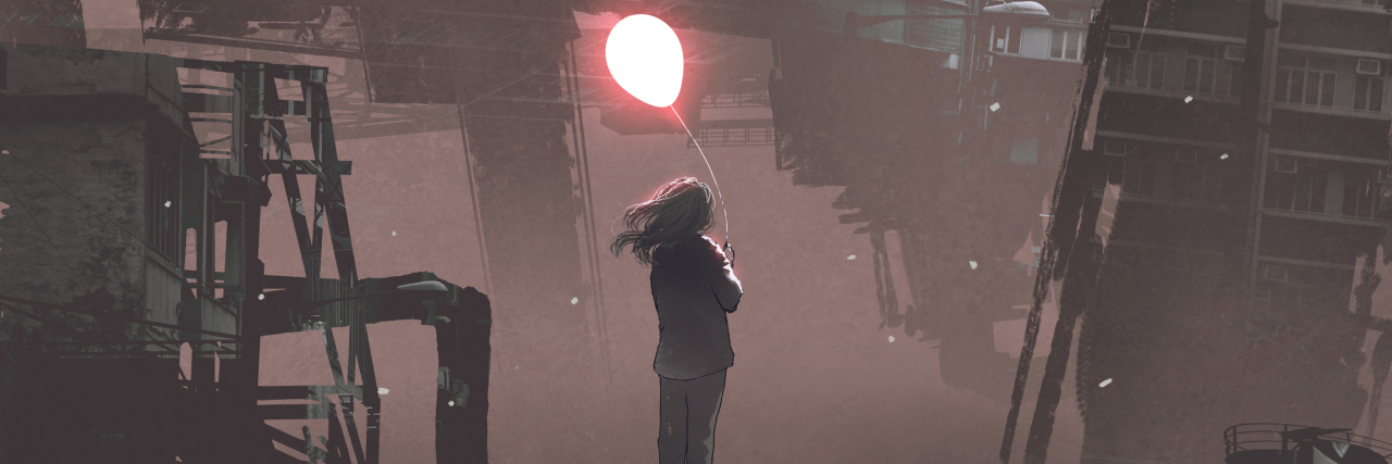 How My Trauma Leaves Me Feeling Completely Alone Painted maroon image of a woman standing on top of a futuristic looking building holding a red glowing balloon