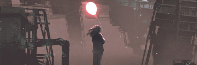 Painted maroon image of a woman standing on top of a futuristic looking building holding a red glowing balloon