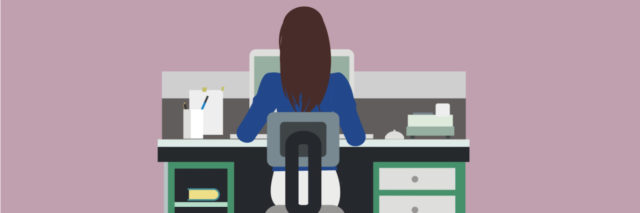 female office employee working, backside view