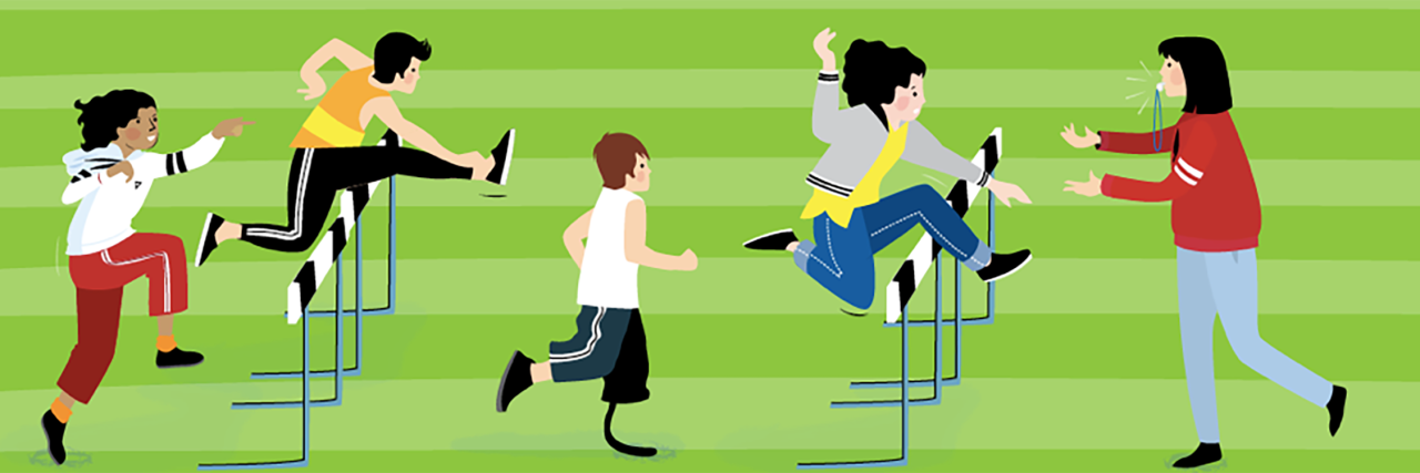 Why Disability Representation in Children’s Books Is Essential Cartoon drawing of athletes including some with disabilities such as a prosthetic leg.