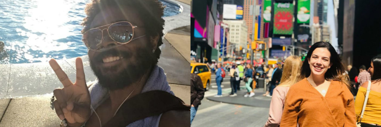 26 Photos That Show the Reality of Vacation Depression Man showing a piece sign side by side with photo of a woman smiling in the city