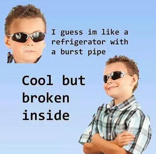 Meme image: kid wearing sunglasses. Meme text: I guess im like a refrigerator with a burst pipe - cool but broken inside