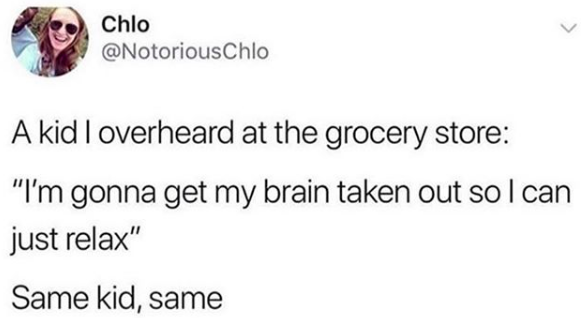 A kid I overheard at the grocery story: "I'm gonna get my brain taken out so I can just relax" Me: same kid, same