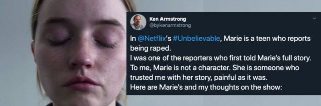 Marie in Netflix series 'Unbelievable' with a tweet from Ken Armstrong sharing his thoughts on the series