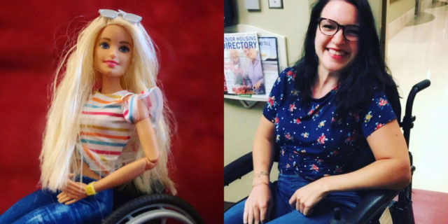 Wheelchair Barbie and Mollie strike matching poses.