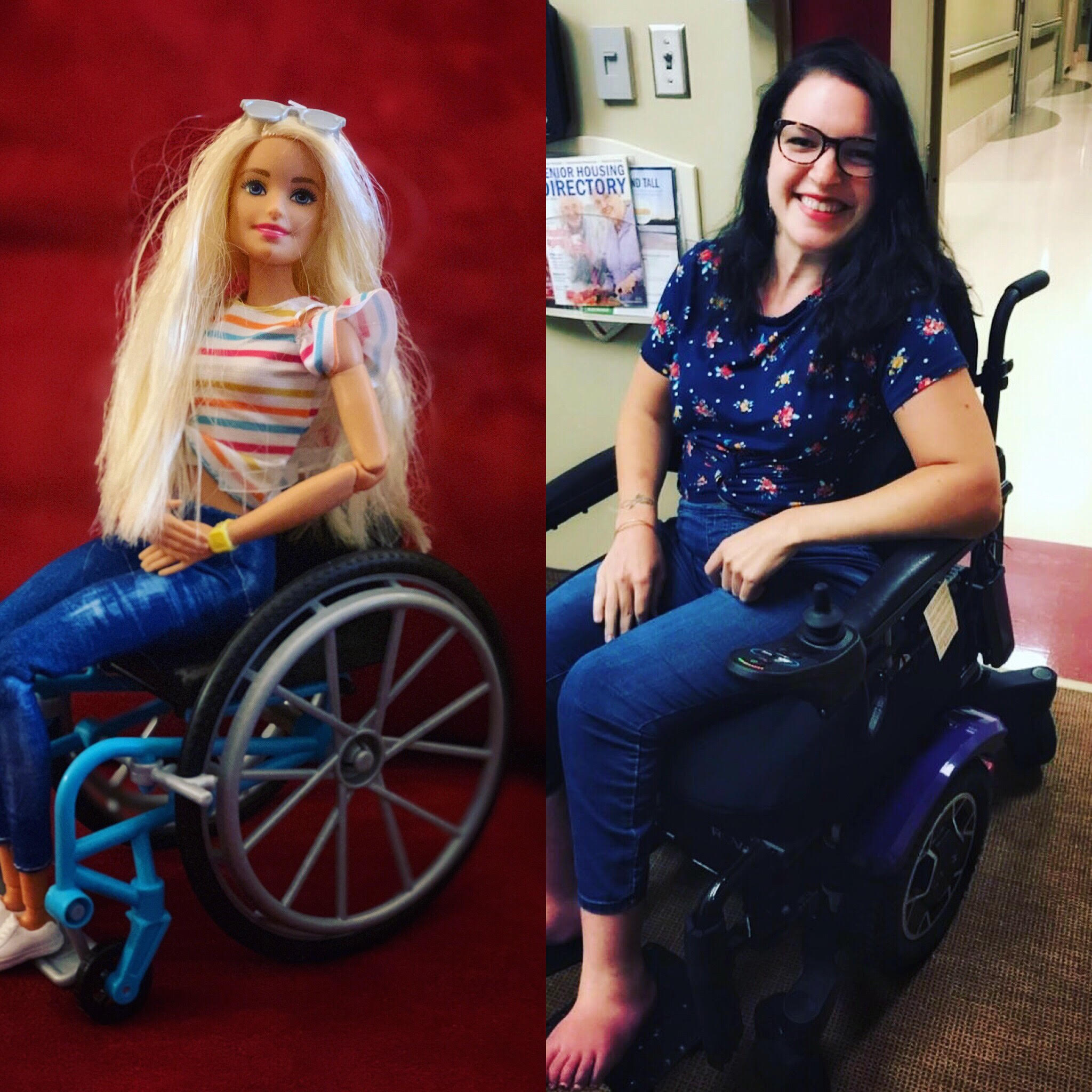 Wheelchair Barbie and Mollie strike matching poses.