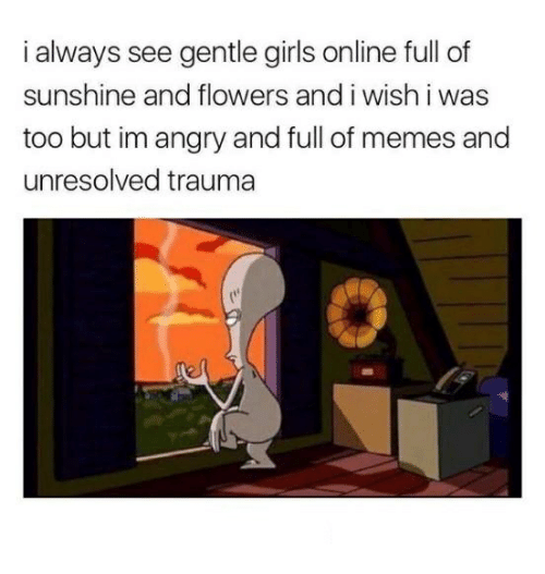 Meme text: I always see gentle girls online full of sunshine and flowers and i wish I were too but im angry and full of memes and unresolved trauma