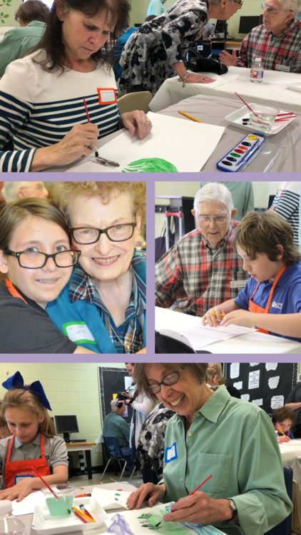 four photos of adults painting with watercolor alongside kid helpers