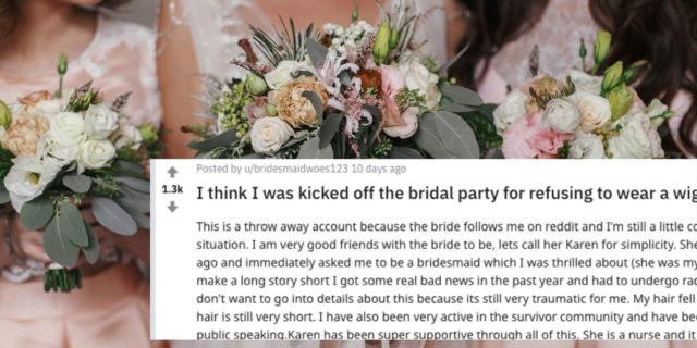 post of bridesmaid explaining how bride suggested she wear a wig