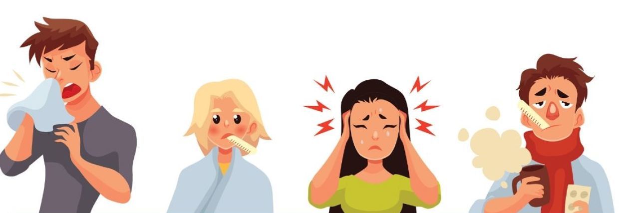 cartoon of four people standing in a row with cold symptoms including headache and sneezing