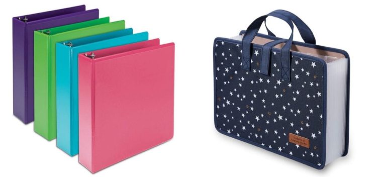 Four colorful binders on the left, collapsed expandable file folder with handles on the right