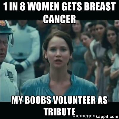 1 in 8 women get breast cancer, my boobs volunteer as tribute. picture of katniss