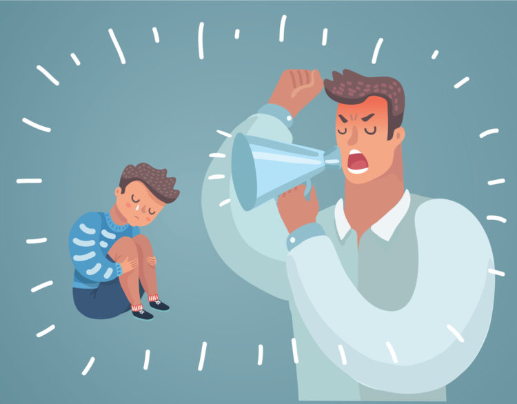 Cartoon SVector Illustration of Father Scolding His Son. Angry Dad Yells at Little Scared Kid. Children's psychological problems