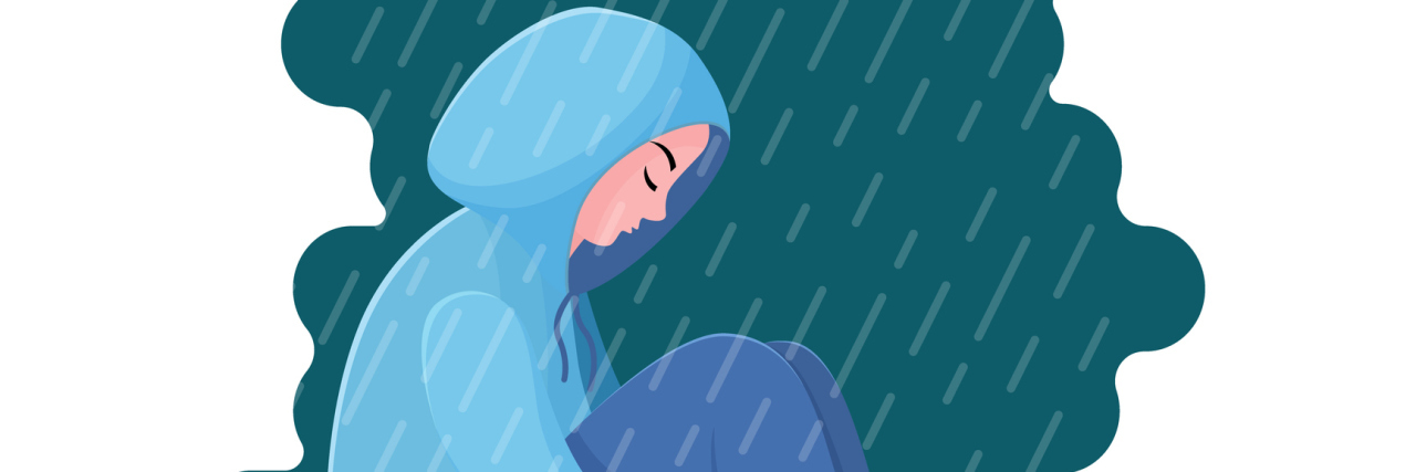 Difficulty Discussing Childhood Sexual Abuse Because of PTSD An illustration of a woman sitting under a cloud in the rain with a hood over her head.