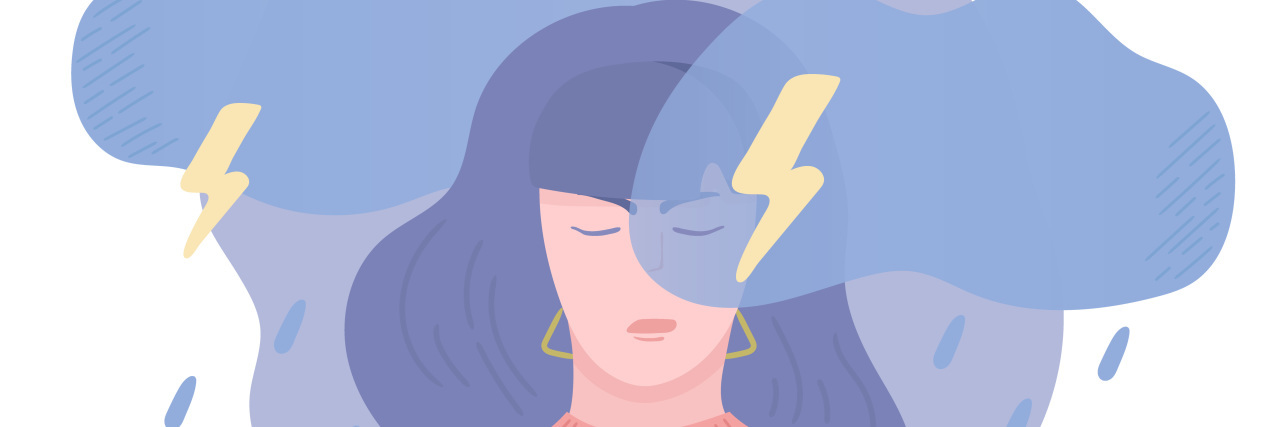 Finding What I Can Do When My Brain Screams 'I Can't' cartoon of a sad woman with purple hair and a pink sweater with rain clouds and lightning above her head