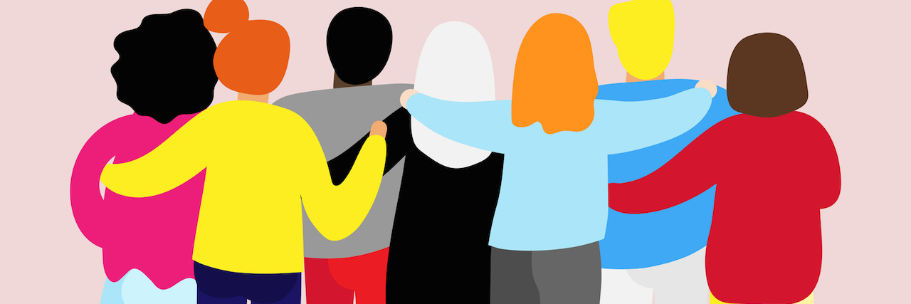 Illustration of a diverse group of people standing with their arms around each other