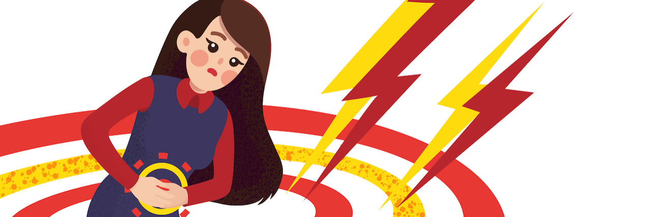 Experiencing Anxiety-Induced Diarrhea During a Manic Episode An illustration of a woman holding her stomach