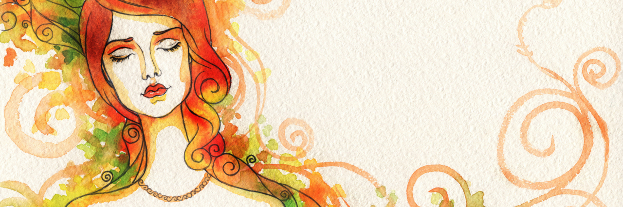 How Certain Seasons Make Mental Illness Better or Worse watercolor of a woman with her eyes closed with red hair, red lipstick and a necklace. Fall colors swirling around her.