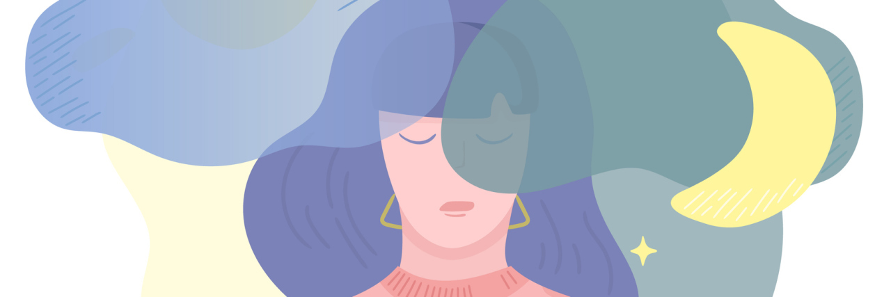 Being a Therapist Who Struggles With Mental Illness A colorful drawing of a woman with her eyes closed surrounding by clouds, the sun and the moon.