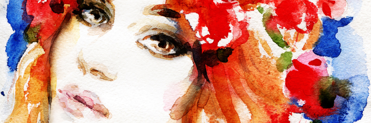 The Reality of Recovering from an Eating Disorder A watercolor painting of a woman staring into the camera with flowers in her hair.