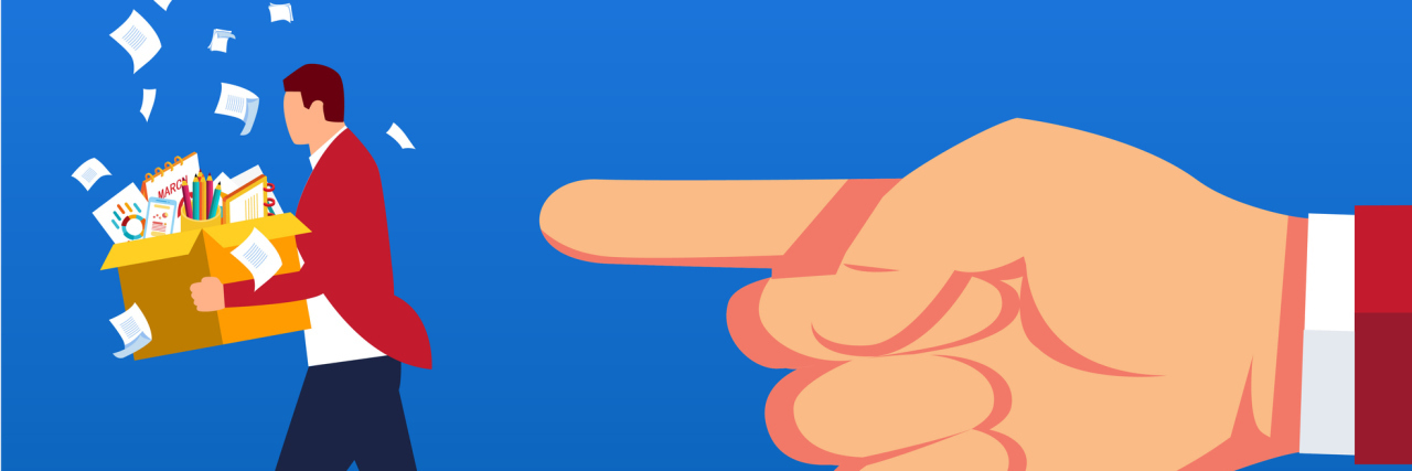 What It's Like to Lose a Job Because of Bipolar Disorder A finger pointing at a man with a box of his stuff, leaving an office