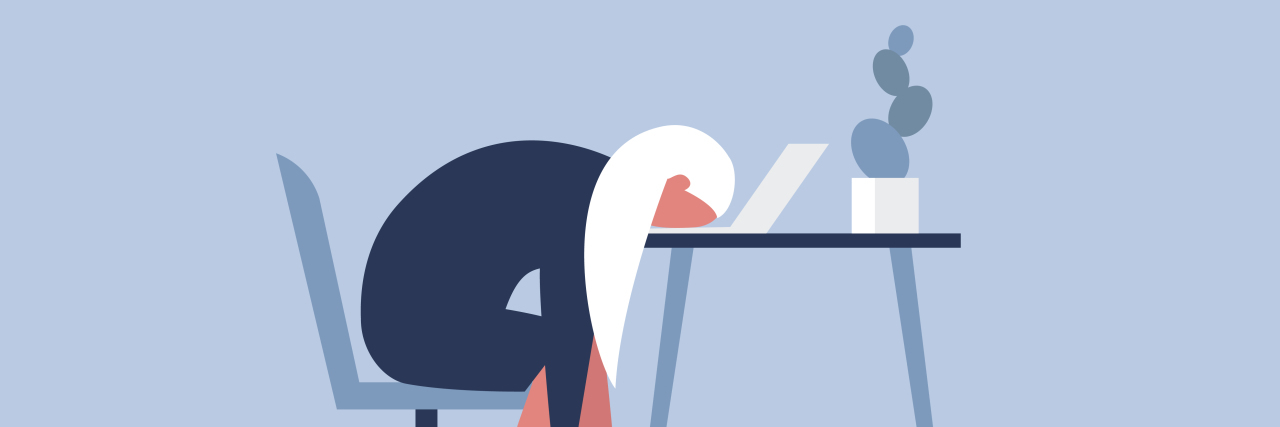 Why Keeping a Full-Time Job With Bipolar Disorder Is Hard Cartoon picture of a woman in a blue dress with white hair slumped over on her desk, head on her computer with exhaustion