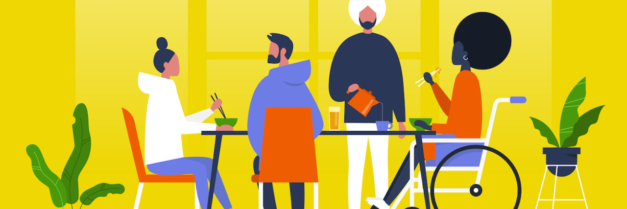 Challenging the Guilt From Canceling Plans Due to My Chronic Illness Illustration of a diverse group of friends having dinner