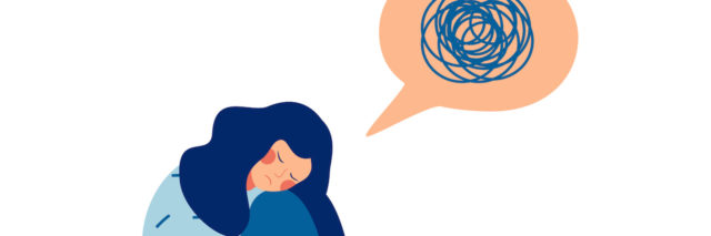 Illustration of a woman sitting, curled into a ball. Next to her head is a speech bubble with scribbles in it.