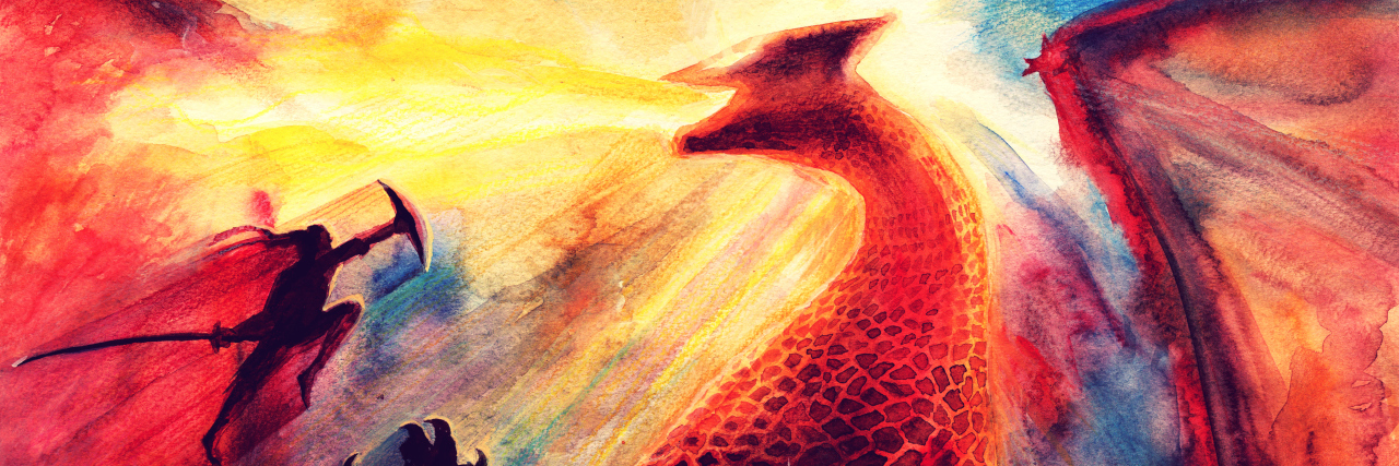 Watercolor painting of a giant red dragon breathing yellow fire