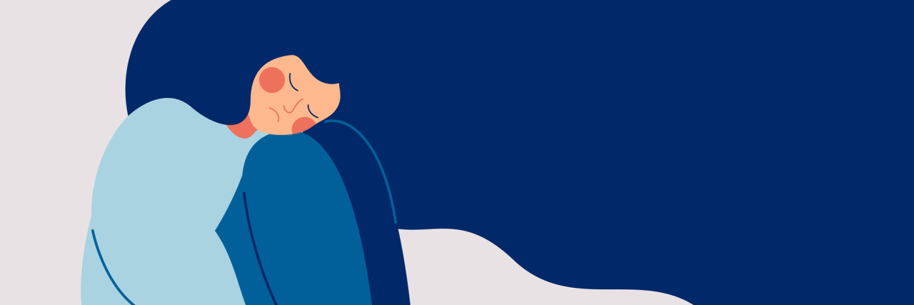 Being Hard On Yourself Because of Depression An illustration of a sad woman with her head in her knees.