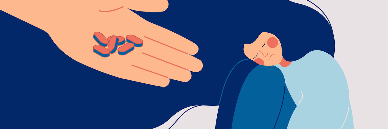 Get Help: Parkinson's Medication Causes Compulsive Behavior A woman sitting down with her knees in her chest. A hand reached out with medication.