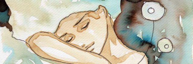 watercolor of a woman sleeping, her head resting on her arm