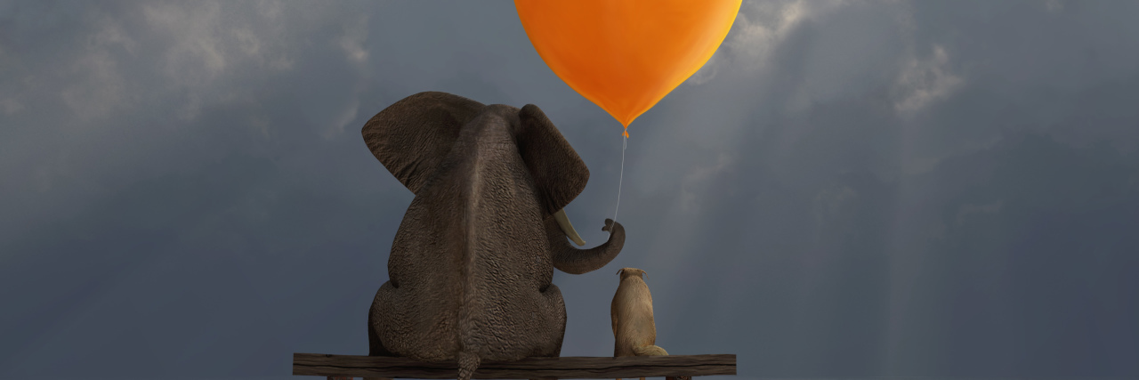 Painting of an elephant and a dog sitting on a bench on a cloudy day. Elephant is holding and big orange heart shaped balloon above the dog's head