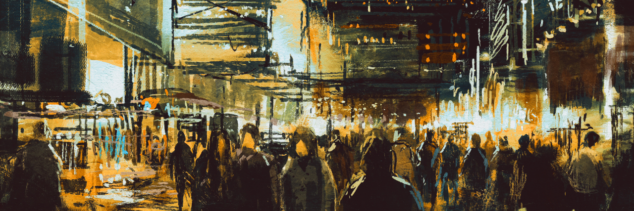 watercolor of a city at night with crowds of people in the street