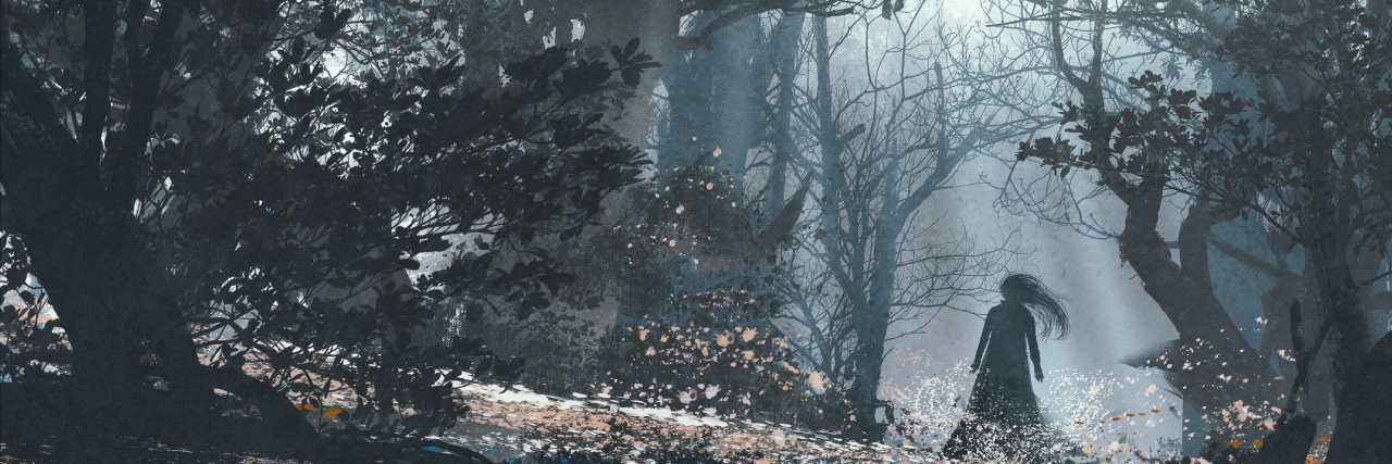 My Experience With Toxic Shame as a Person With Complex PTSD Paiting of woman in a dark forest surrounded with trees and a blue light ahead