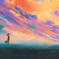 Illustration of a woman and man standing opposite of each other against colorful sky