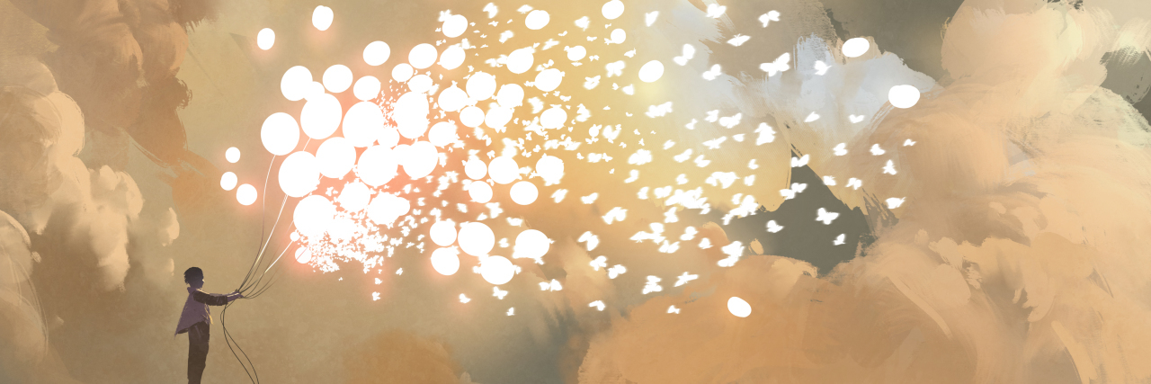Learning to Let Things Go as Someone With Anxiety watercolor of a person standing in a field releasing glowing balloons that are floating away into the distance