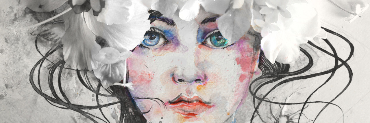 Why Thinking Your Trauma Isn't 'Bad Enough' Is Unhelpful black and white watercolor of serious woman's face, with some color around her eyes and neck