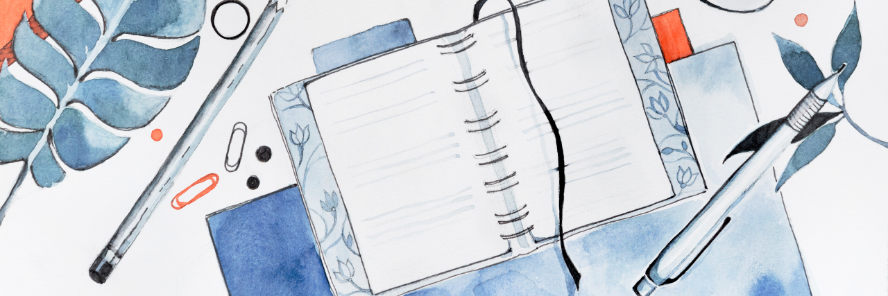 watercolor with blues of a desk with a notebook, pencil, books, cup of coffee, etc.