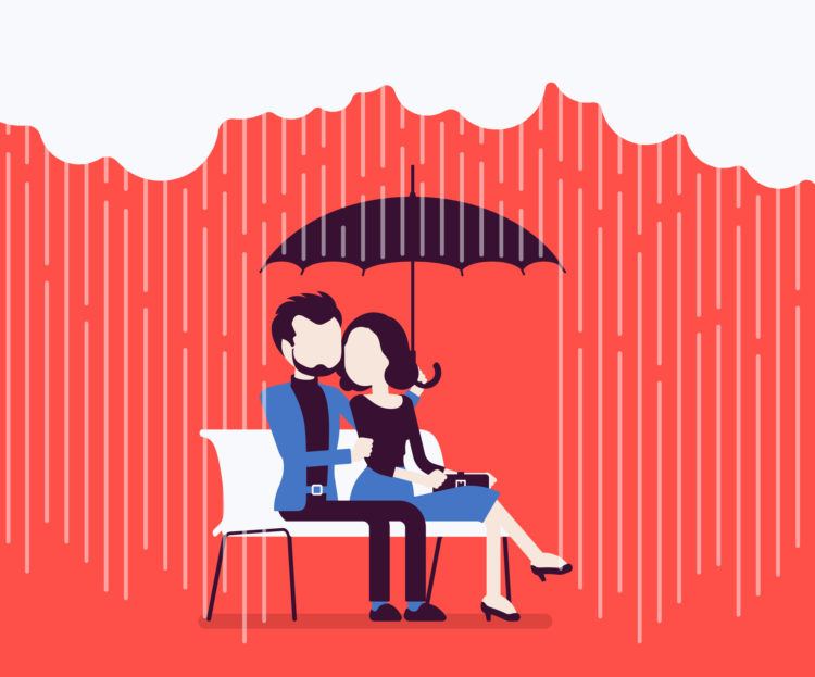 Couple in love under umbrella. Happy lovers sitting on bench feeling safe, secure from rain, together against danger of bad weather, common trust and believe. Vector illustration, faceless characters